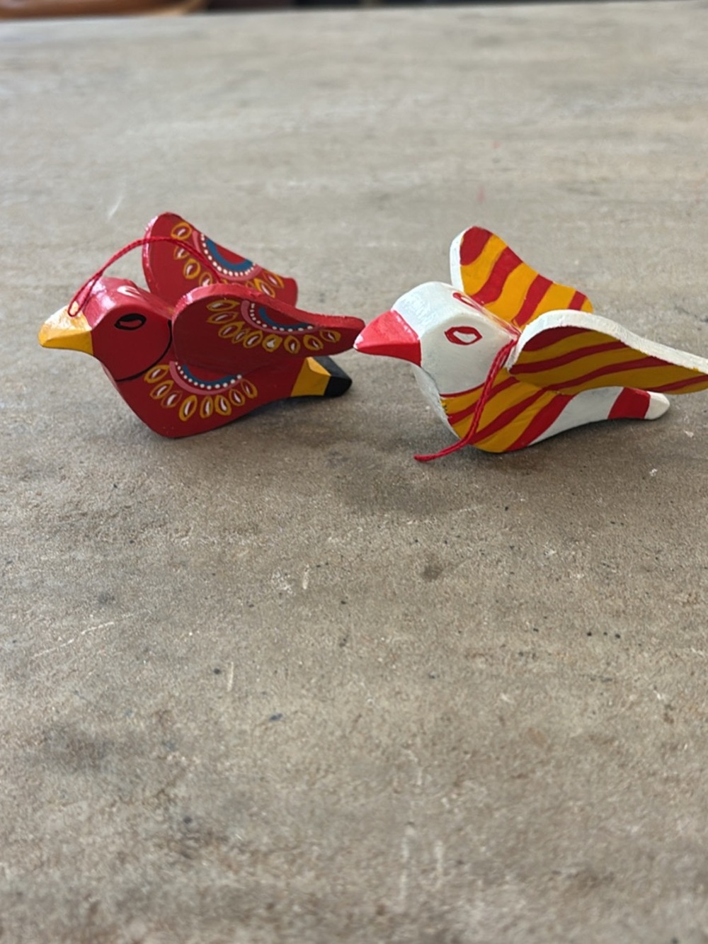 Lot of 2 - Hand-Painted Red and White Decorative Bird Ornaments